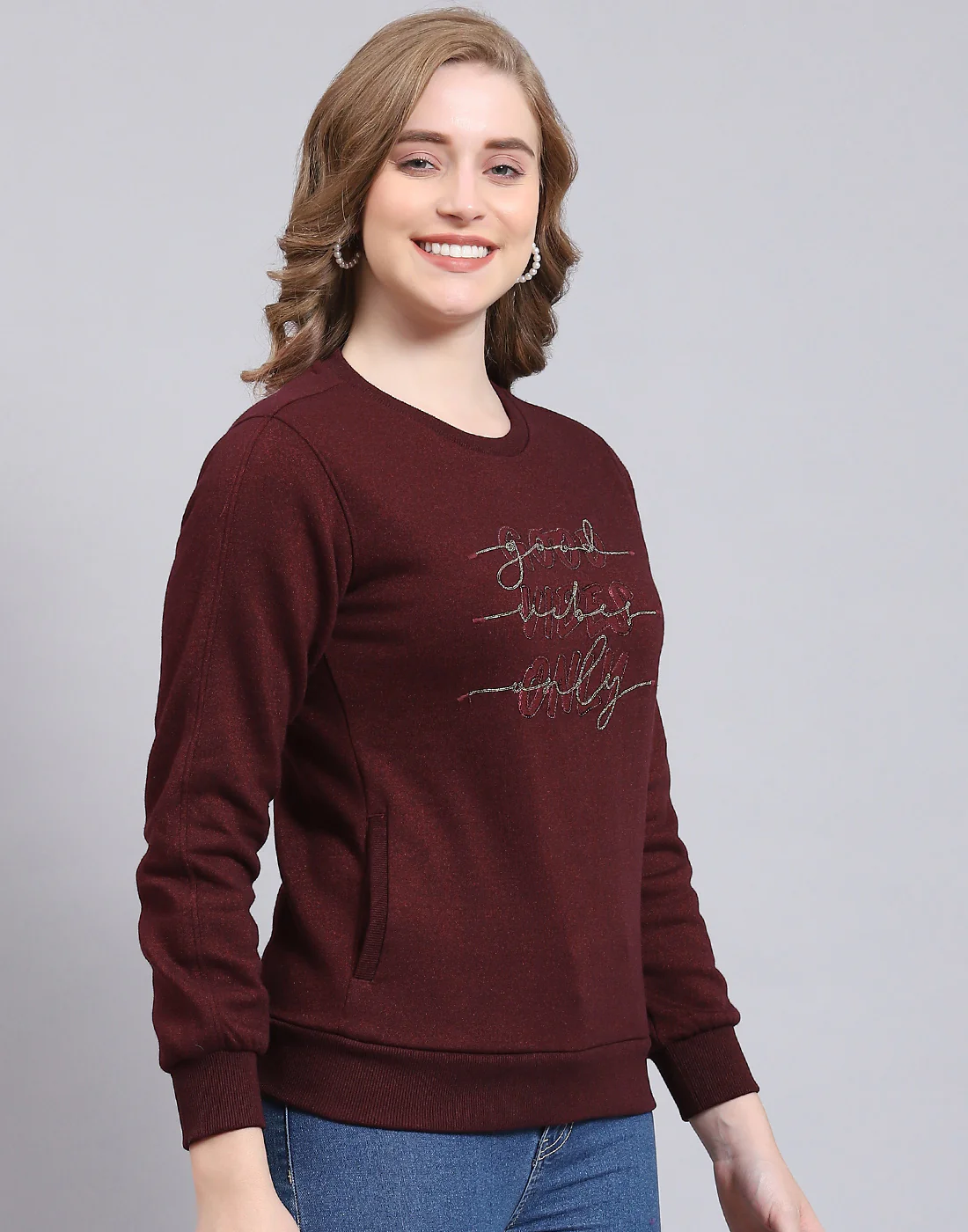 Women Maroon Embroidered Round Neck Full Sleeve Sweatshirt - Image 6