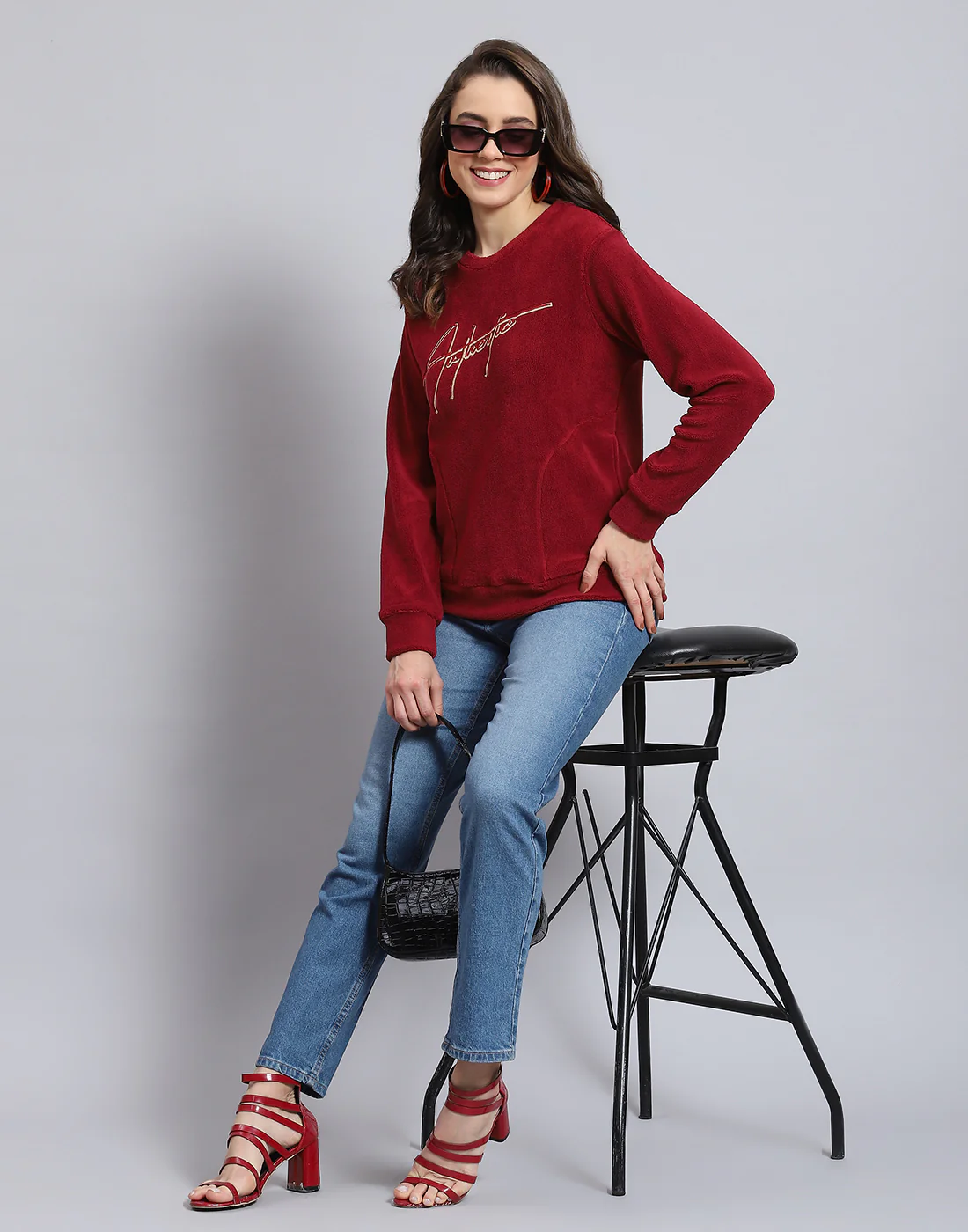 Women Maroon Embroidered Round Neck Full Sleeve Sweatshirt - Image 3