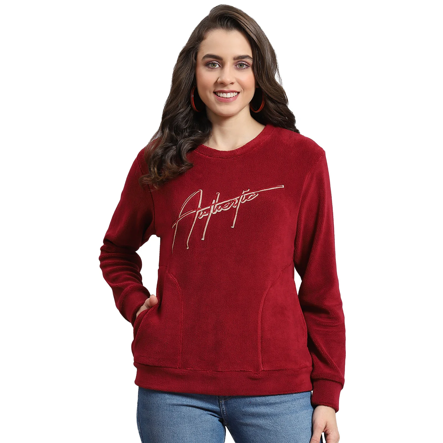 Women Maroon Embroidered Round Neck Full Sleeve Sweatshirt - Image 5