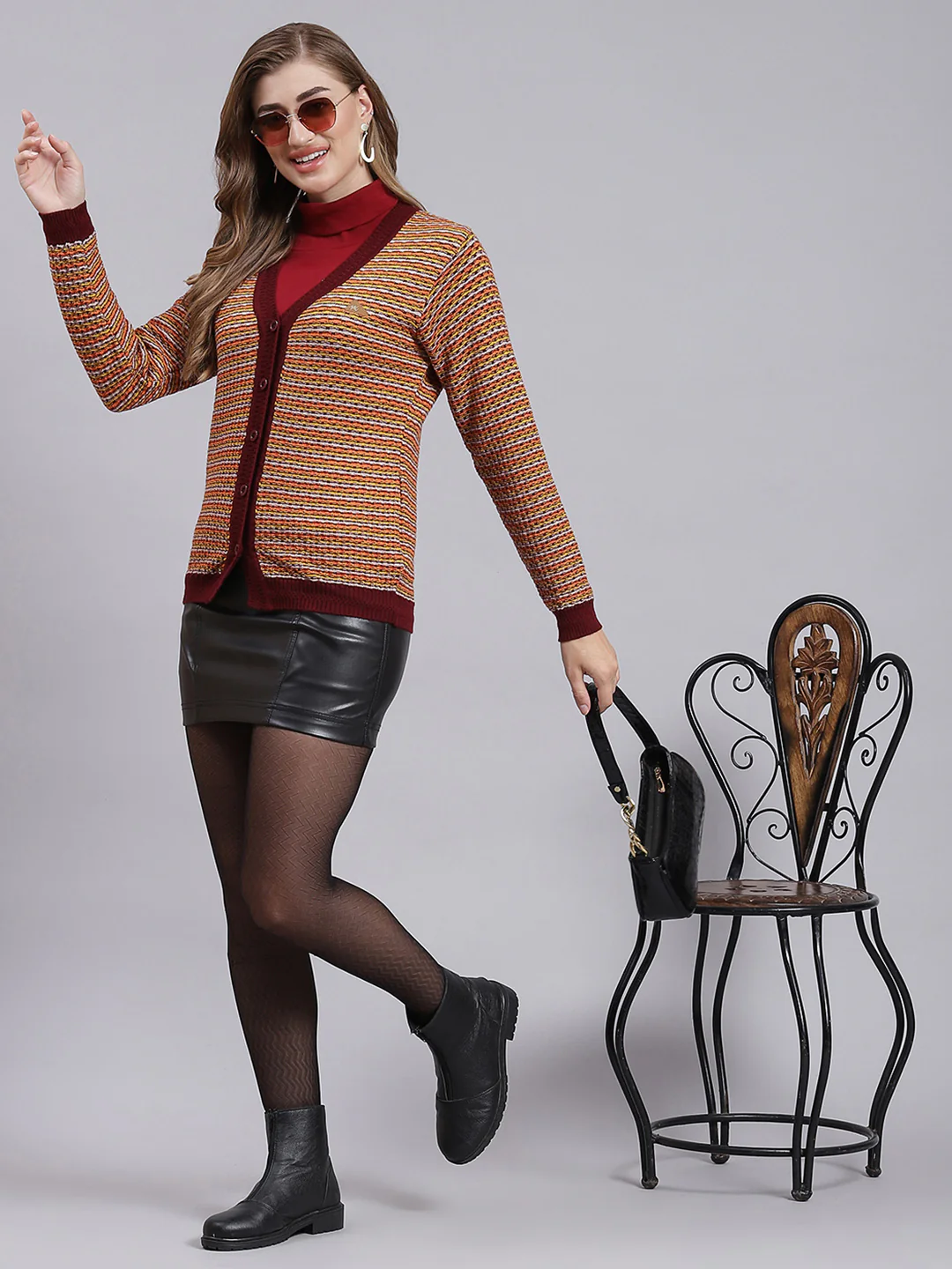 Women Maroon Jaquard Pure wool Cardigan - Image 2