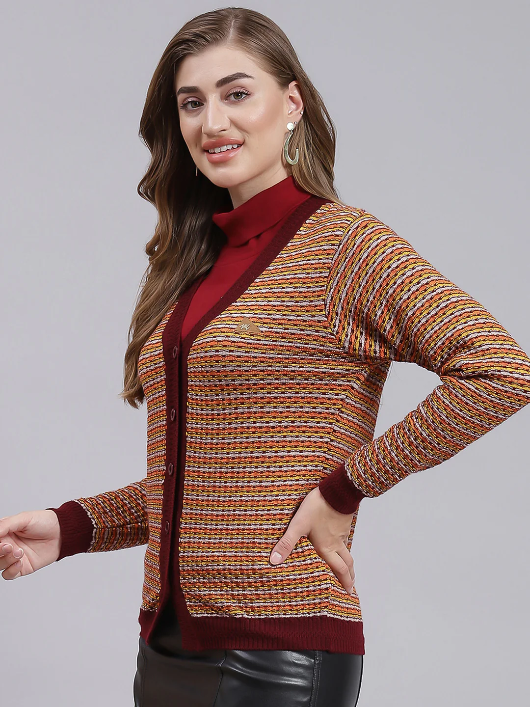 Women Maroon Jaquard Pure wool Cardigan - Image 4