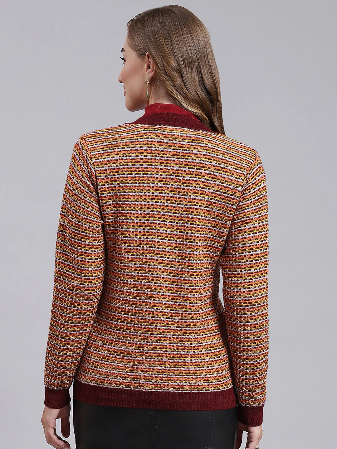 Women Maroon Jaquard Pure wool Cardigan - Image 5