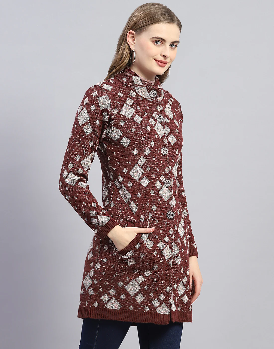 Women Maroon Jaquard Round Neck Full Sleeve Coat - Image 4