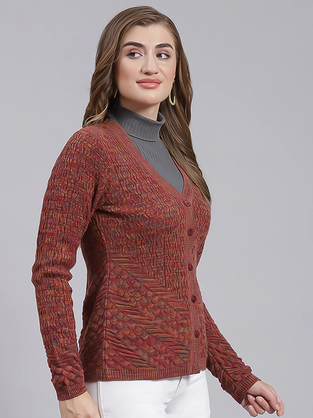 Women Maroon Jaquard Wool blend Cardigan - Image 2