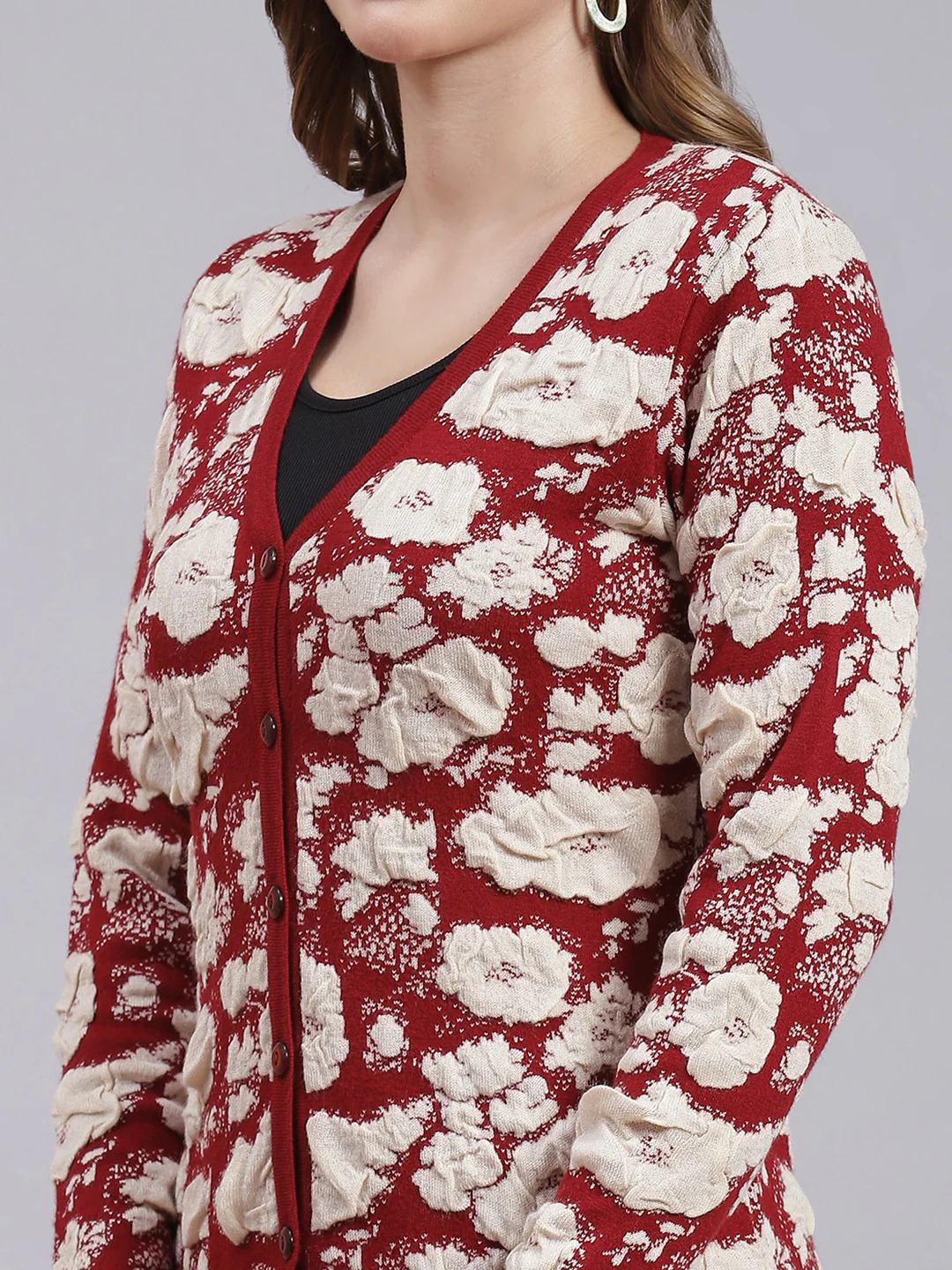 Women Maroon Jaquard Wool blend Cardigan - Image 6