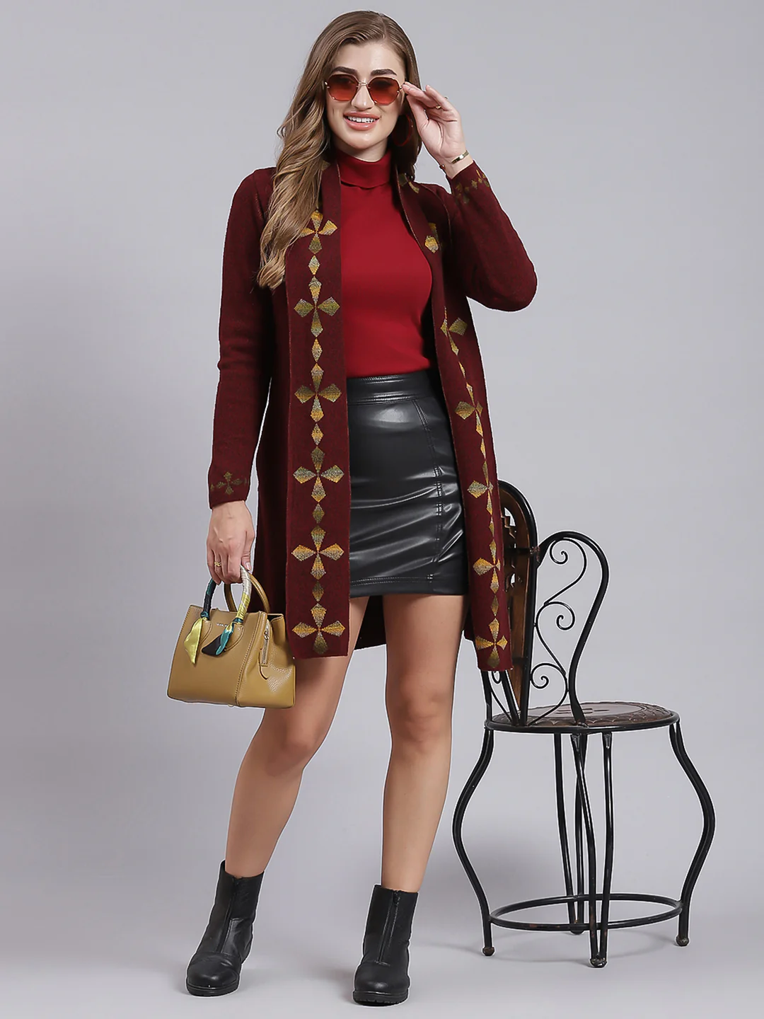 Women Maroon Jaquard Wool blend Cardigan - Image 5