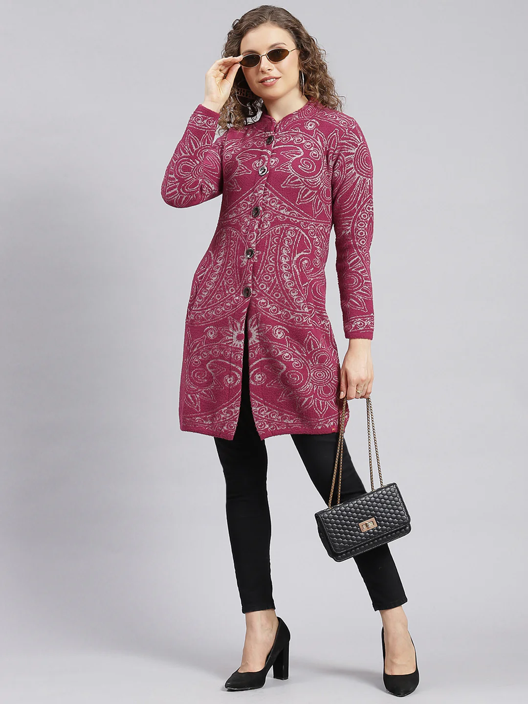 Women Maroon Jaquard Wool blend Knitted Coat - Image 5