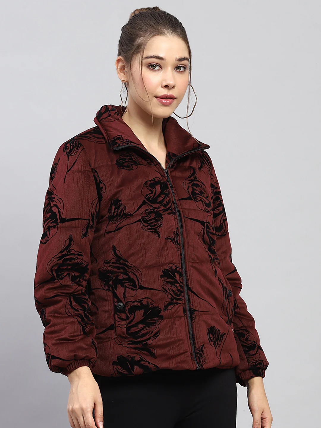 Women Maroon Printed Collar Full Sleeve Jacket - Image 4