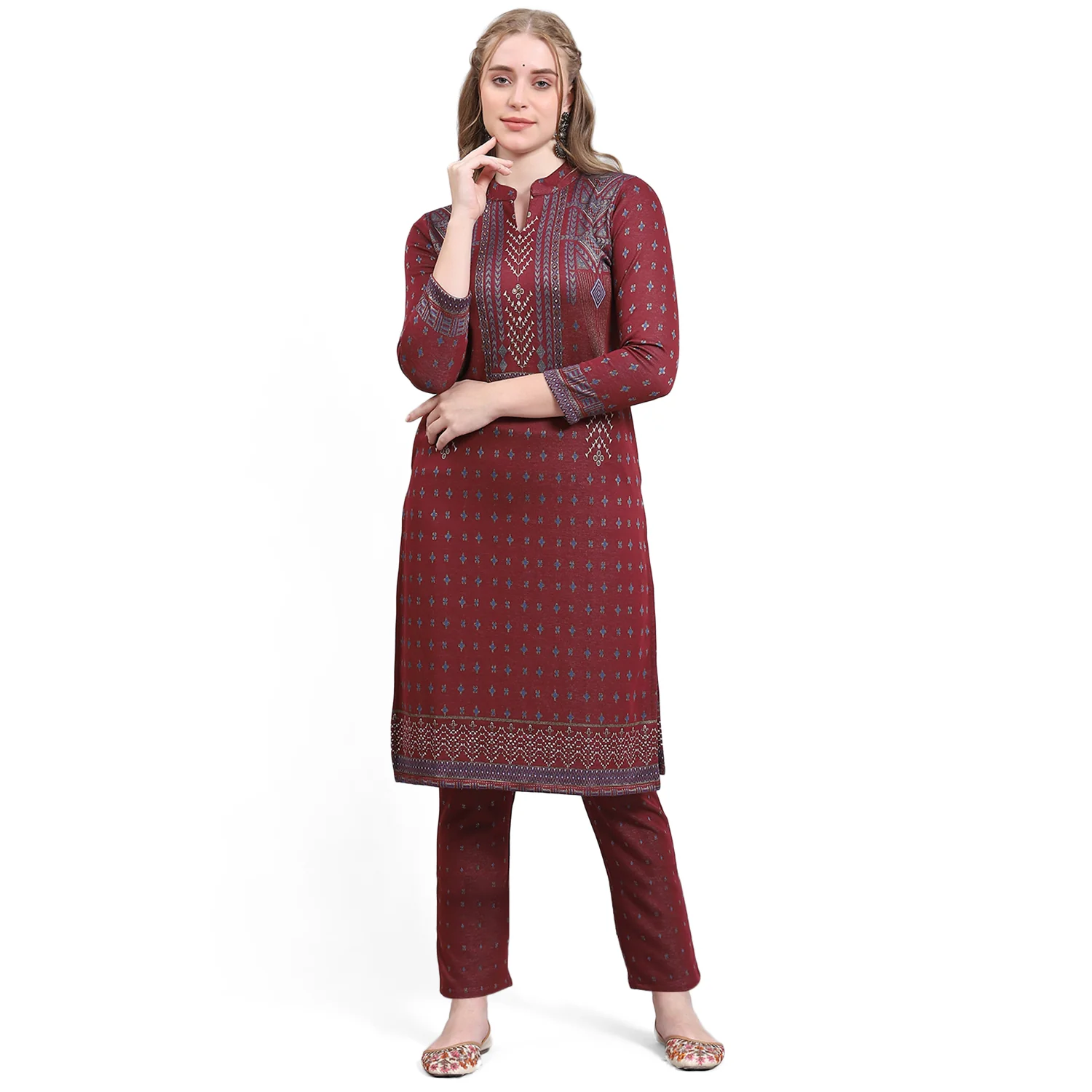 Women Maroon Printed Collar Full Sleeve Kurtis Set - Image 6