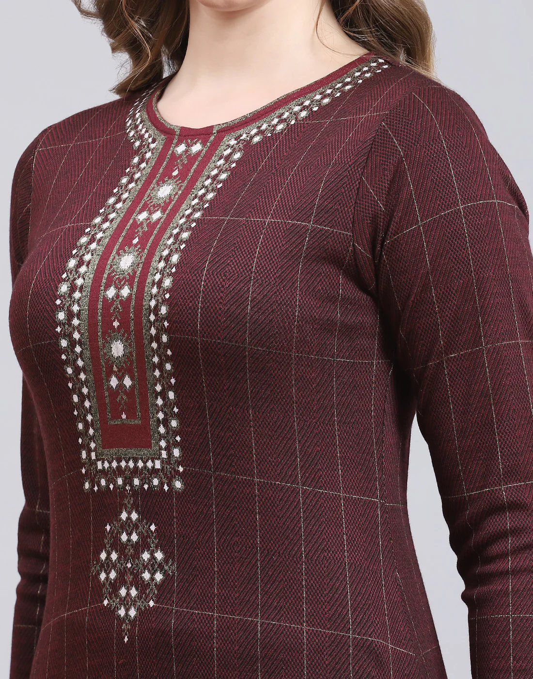 Women Maroon Printed Collar Full Sleeve Kurtis Set - Image 8