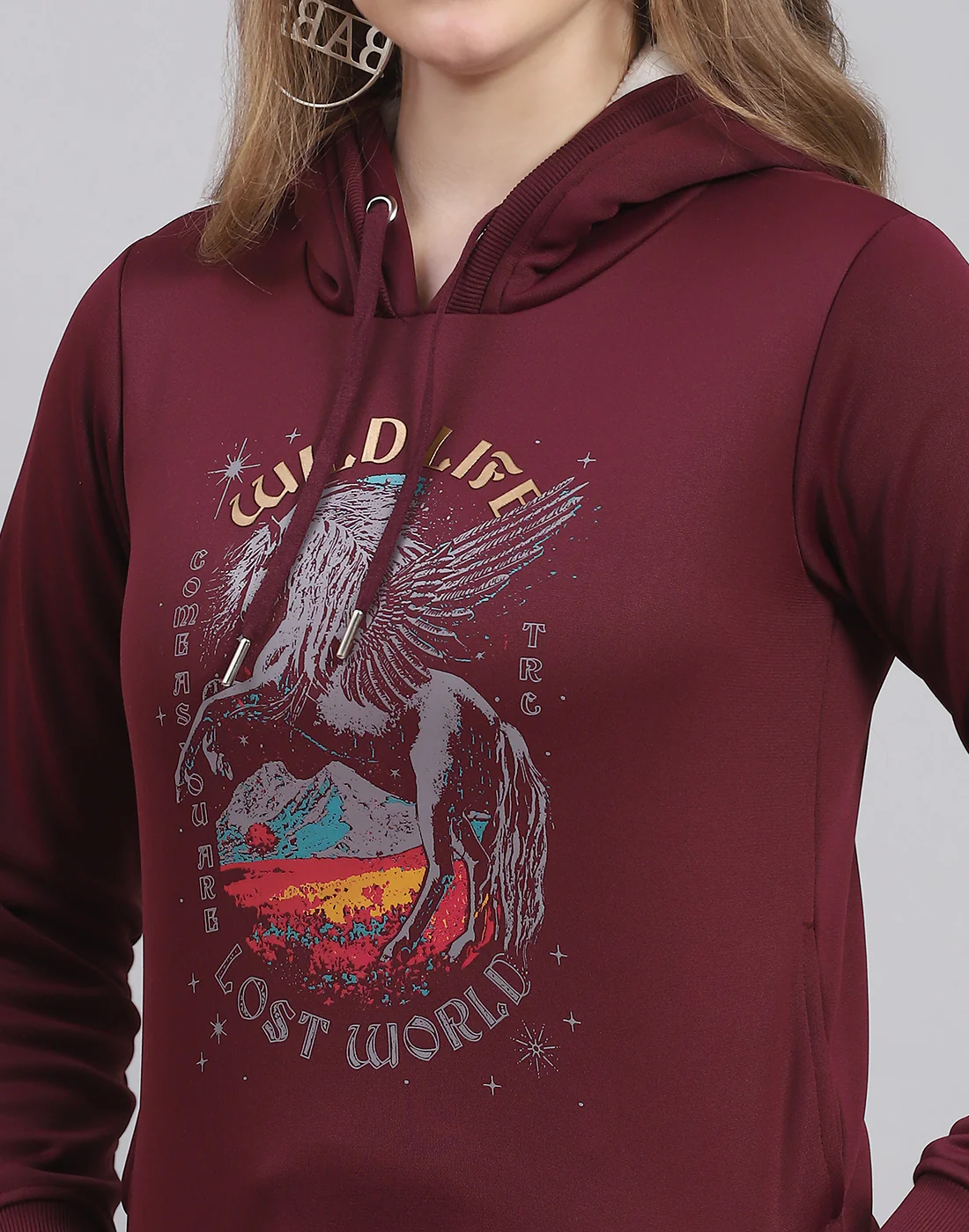 Women Maroon Printed Hooded Full Sleeve Sweatshirt - Image 6