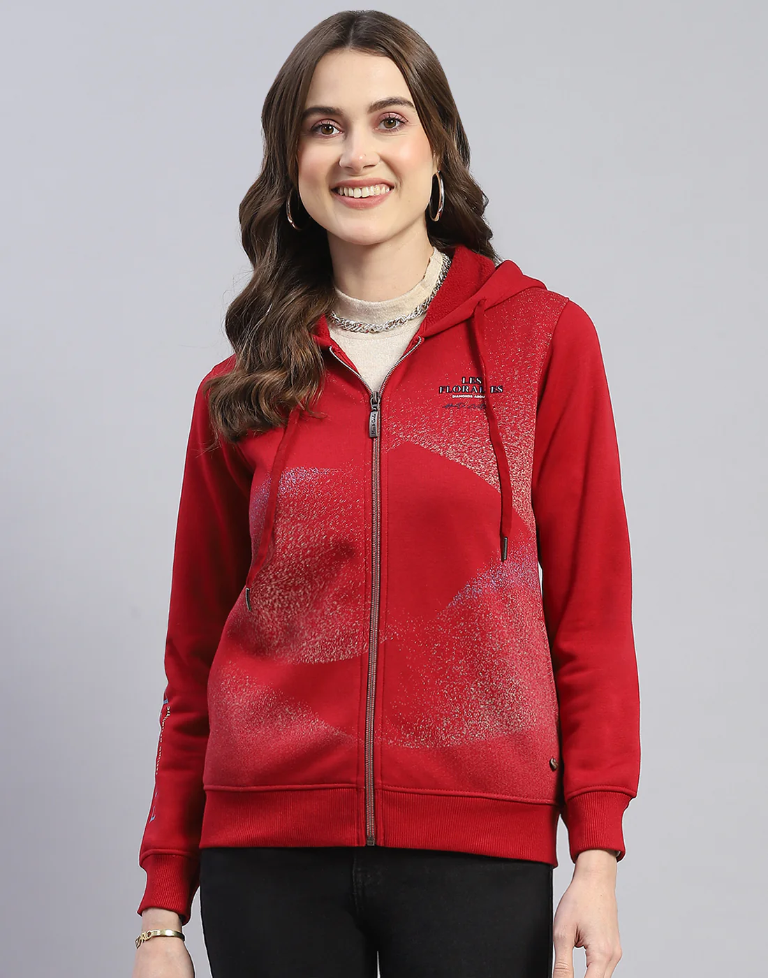 Women Maroon Printed Hooded Full Sleeve Sweatshirt - Image 2