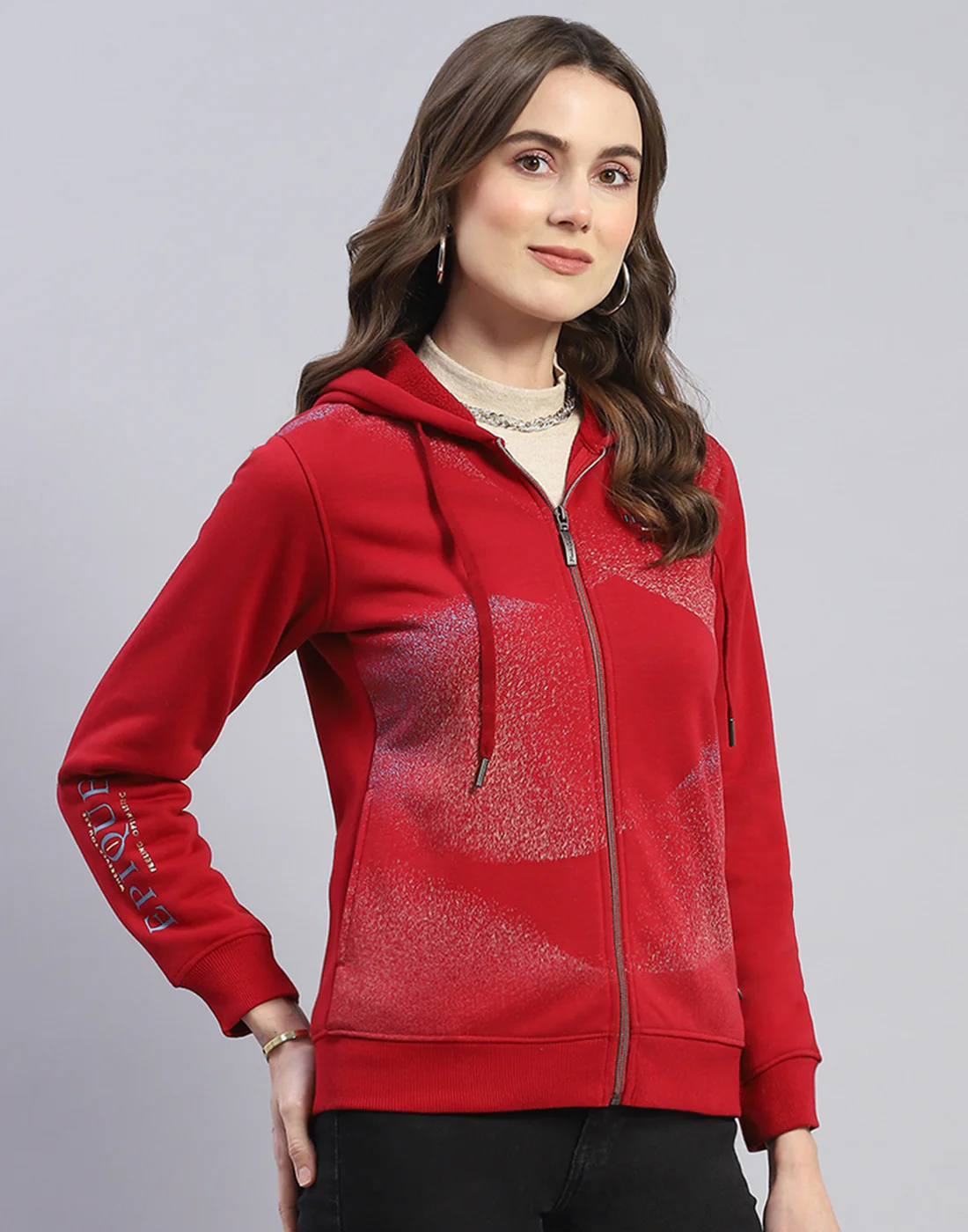 Women Maroon Printed Hooded Full Sleeve Sweatshirt - Image 4