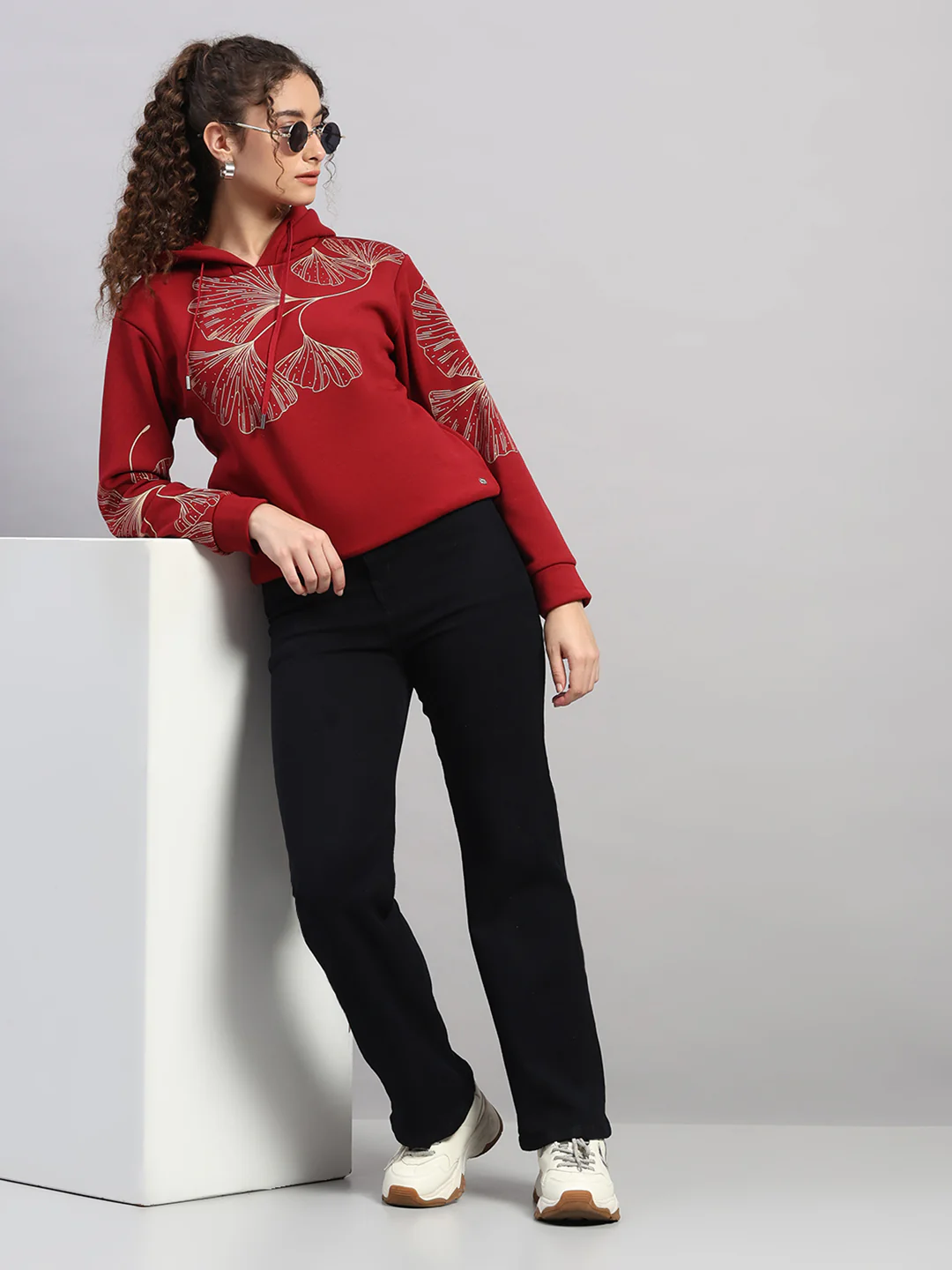 Women Maroon Printed Hooded Full Sleeve Sweatshirt - Image 2