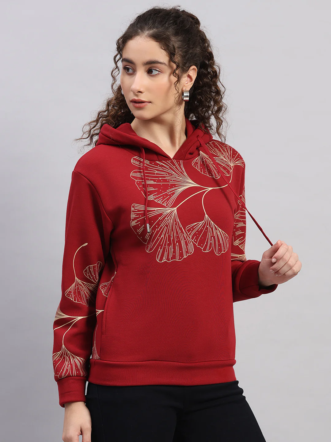 Women Maroon Printed Hooded Full Sleeve Sweatshirt - Image 4