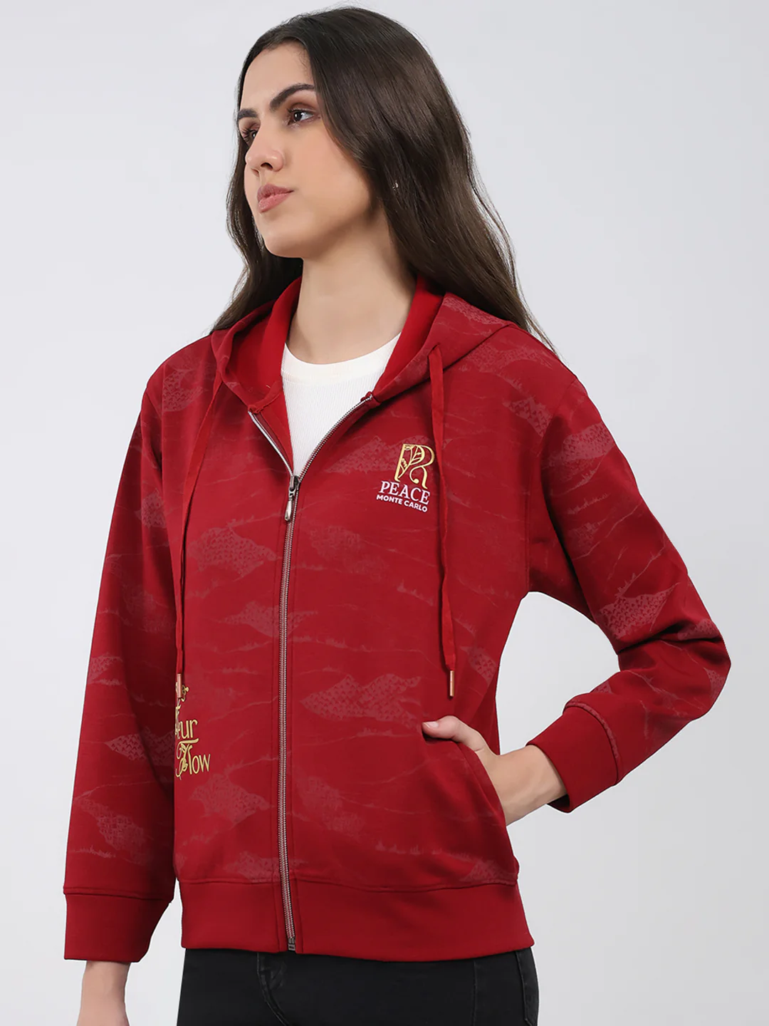 Women Maroon Printed Hooded Full Sleeve Sweatshirt - Image 3