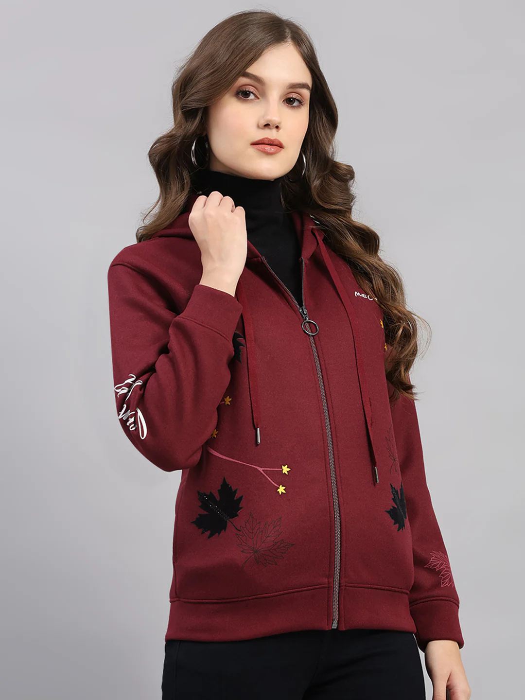 Women Maroon Printed Hooded Full Sleeve Sweatshirt - Image 4