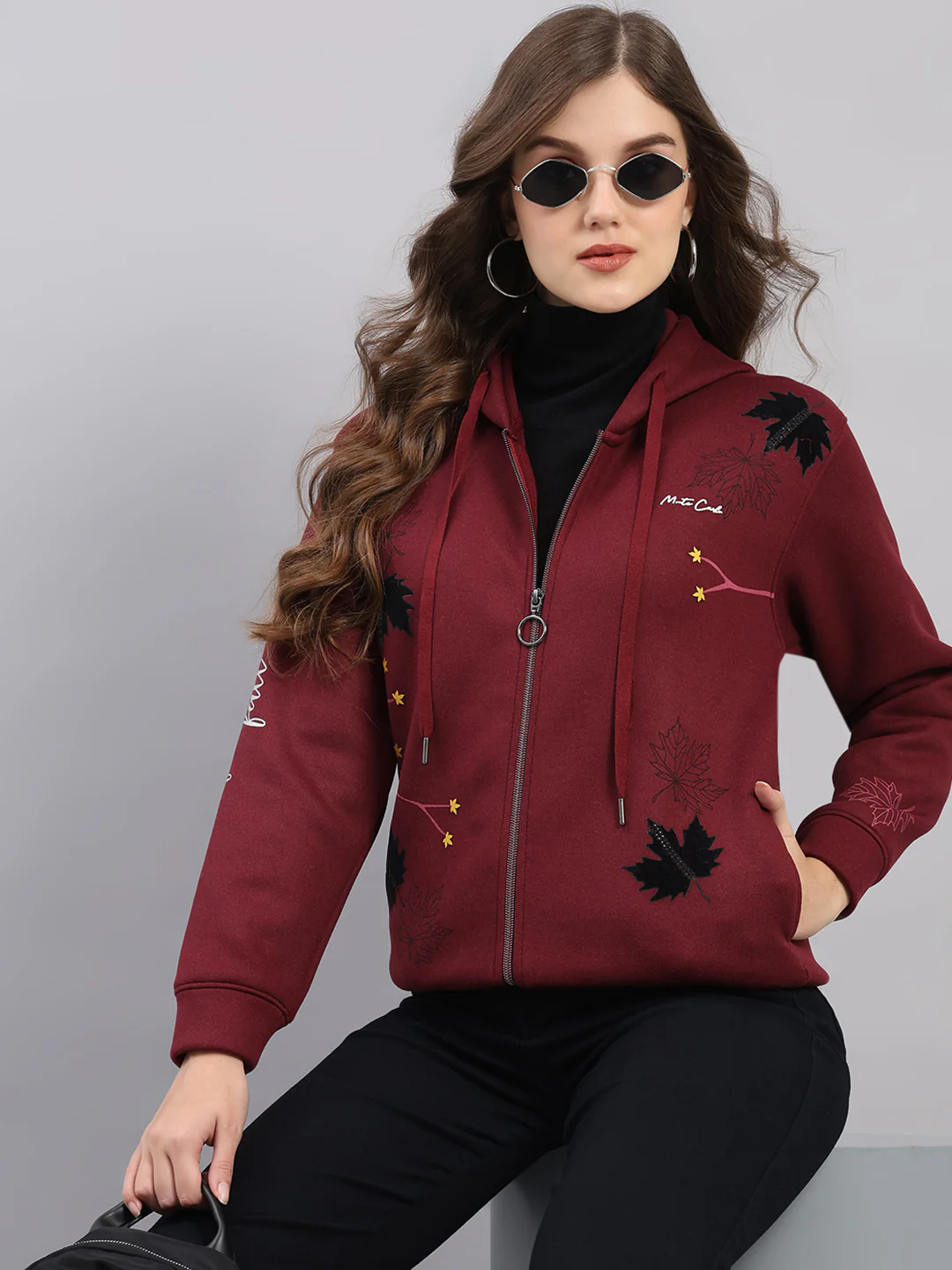 Women Maroon Printed Hooded Full Sleeve Sweatshirt - Image 6