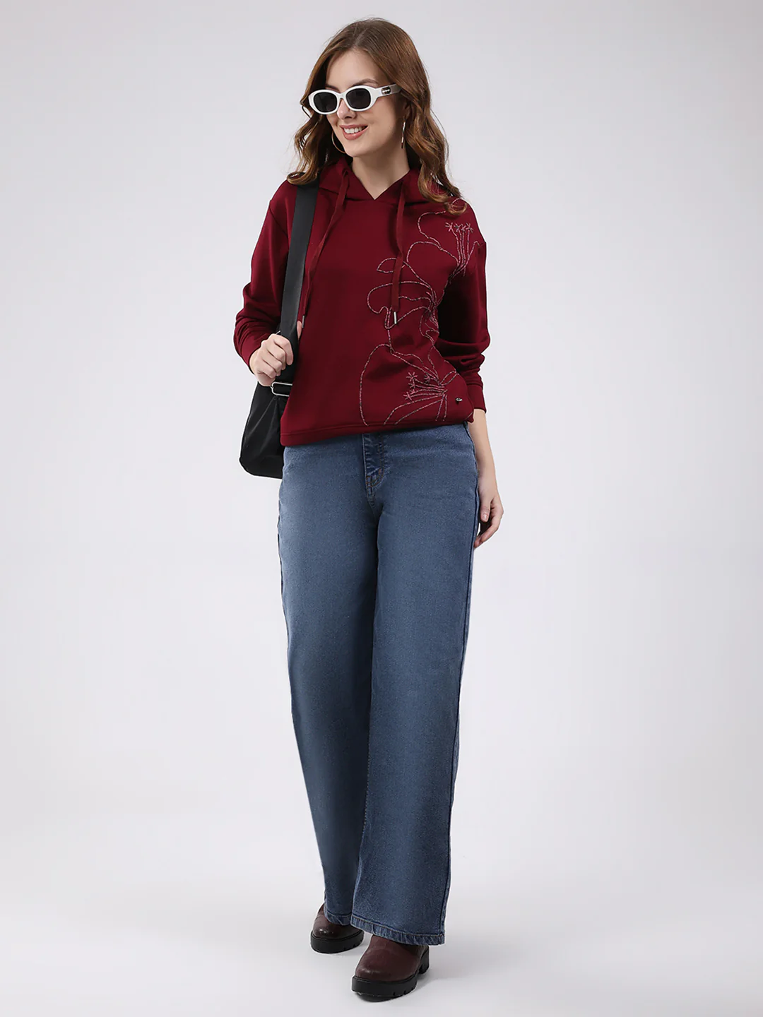 Women Maroon Printed Hooded Full Sleeve Winter Top - Image 2