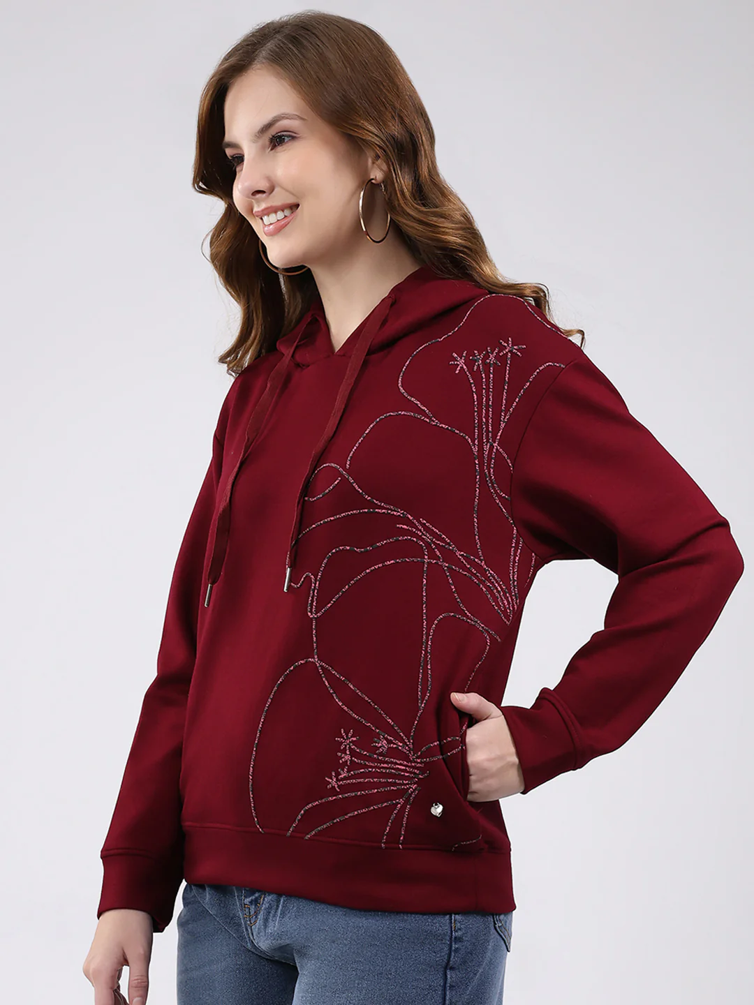 Women Maroon Printed Hooded Full Sleeve Winter Top - Image 3
