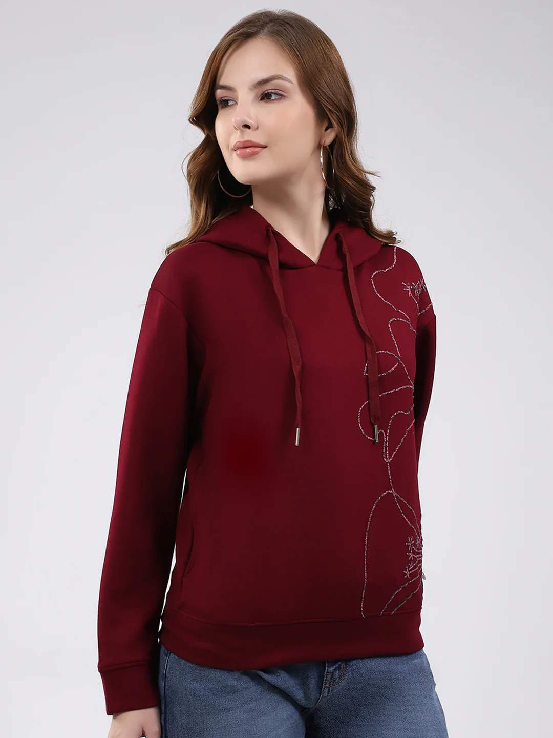 Women Maroon Printed Hooded Full Sleeve Winter Top - Image 4