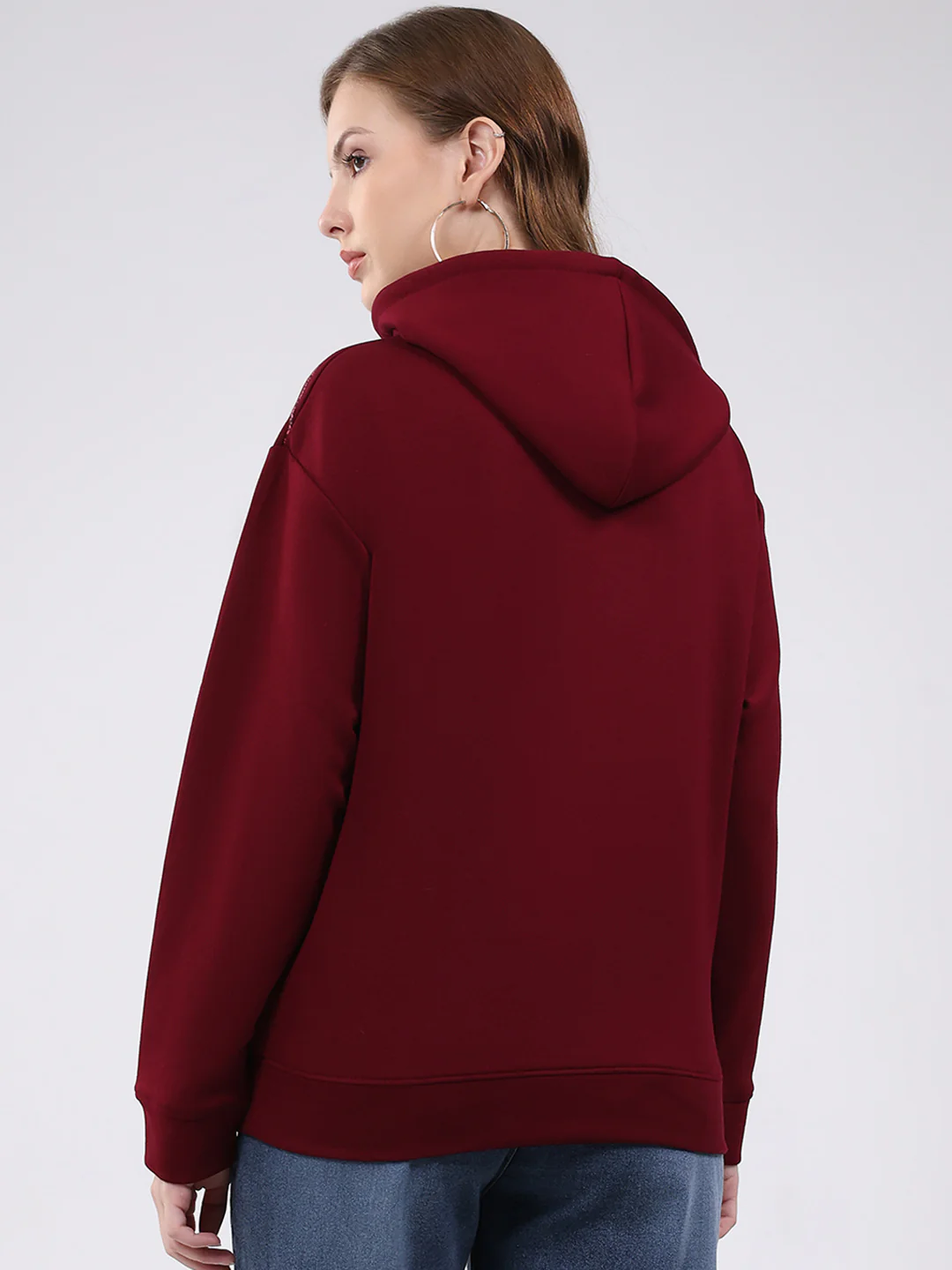 Women Maroon Printed Hooded Full Sleeve Winter Top - Image 5