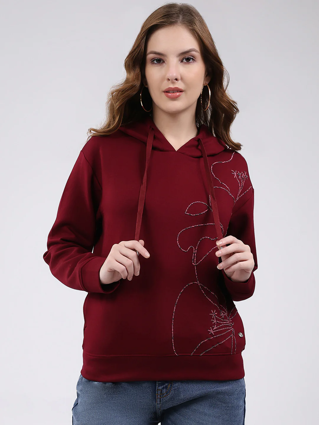 Women Maroon Printed Hooded Full Sleeve Winter Top - Image 7