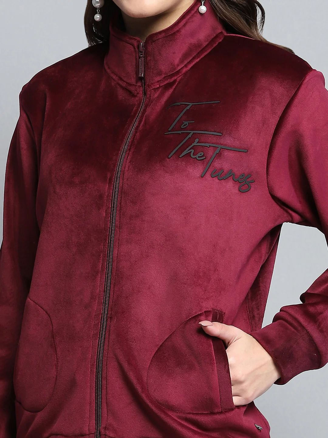 Women Maroon Printed Mock Neck Full Sleeve Sweatshirt - Image 6