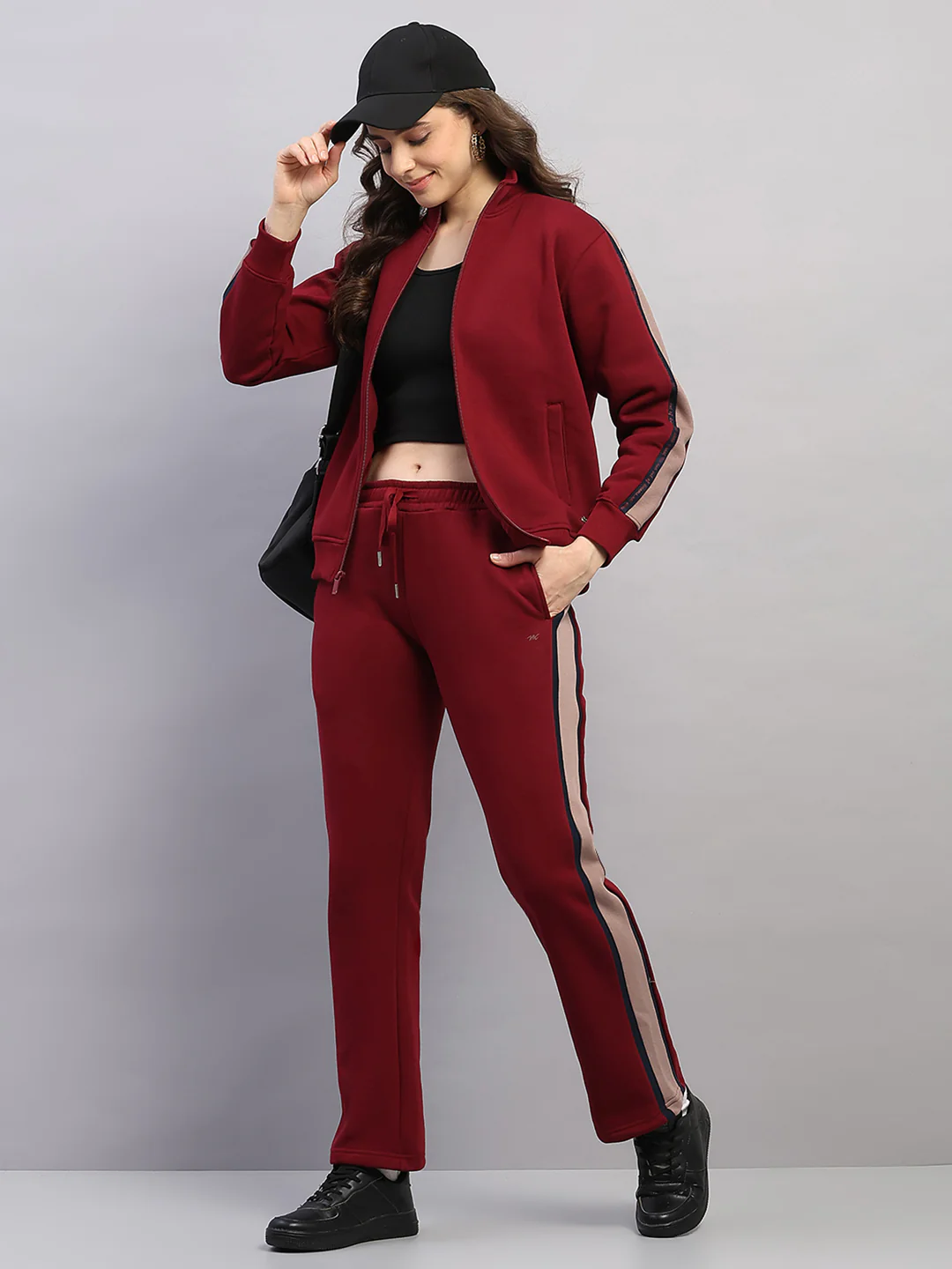 Women Maroon Printed Mock Neck Full Sleeve Winter Tracksuit - Image 2
