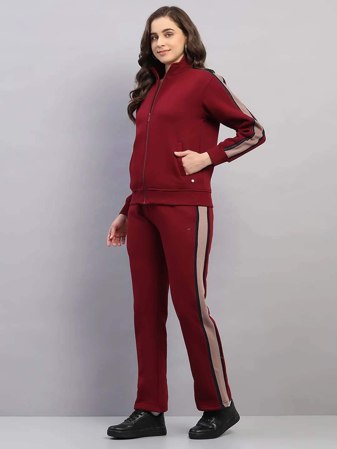 Women Maroon Printed Mock Neck Full Sleeve Winter Tracksuit - Image 3