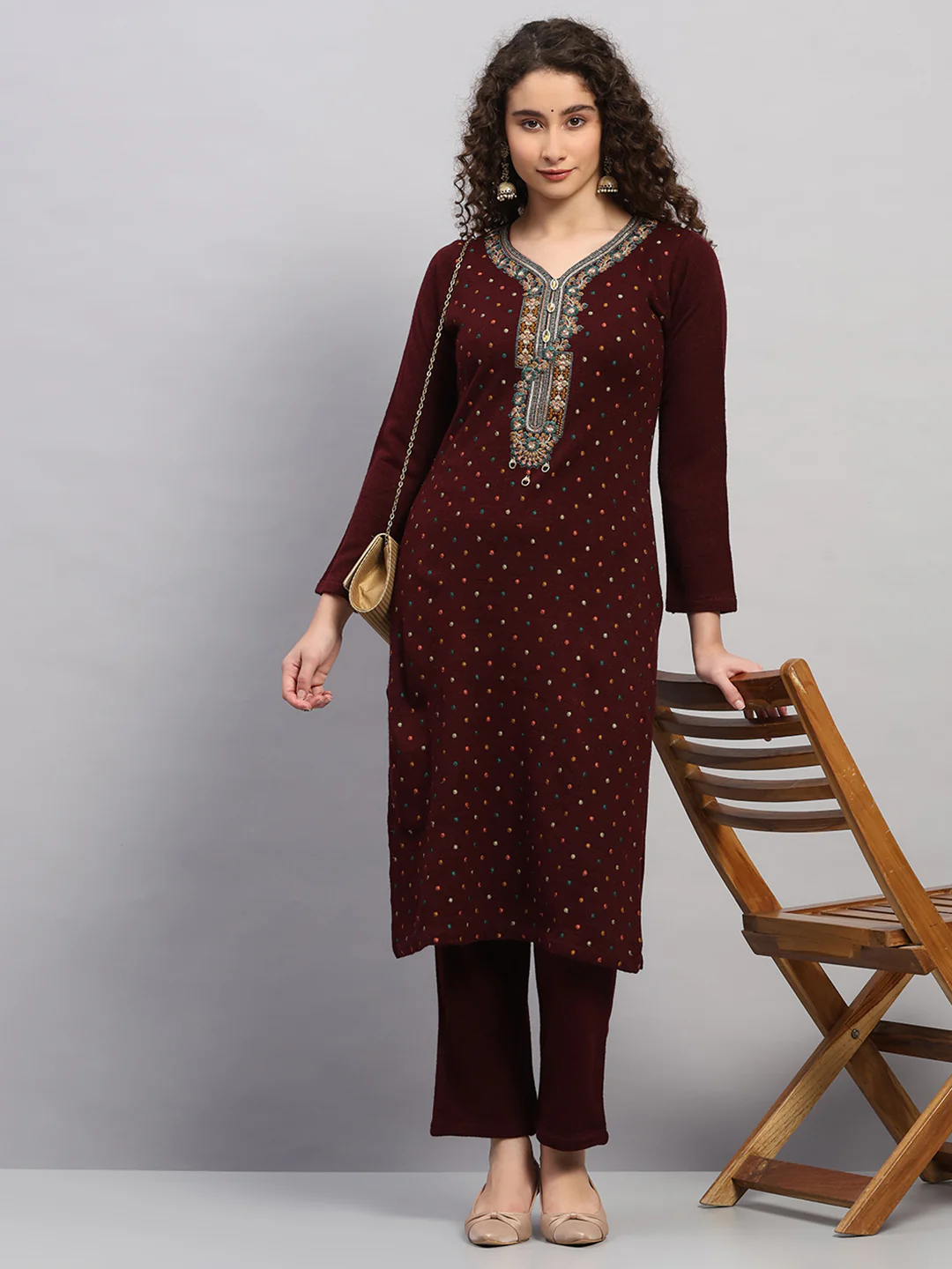 Women Maroon Printed Round Neck Full Sleeve 3 Pc Kurti Set for Winter - Image 2