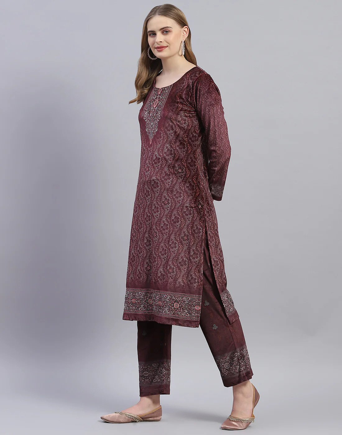 Women Maroon Printed Round Neck Full Sleeve Kurti+Lower Set - Image 3