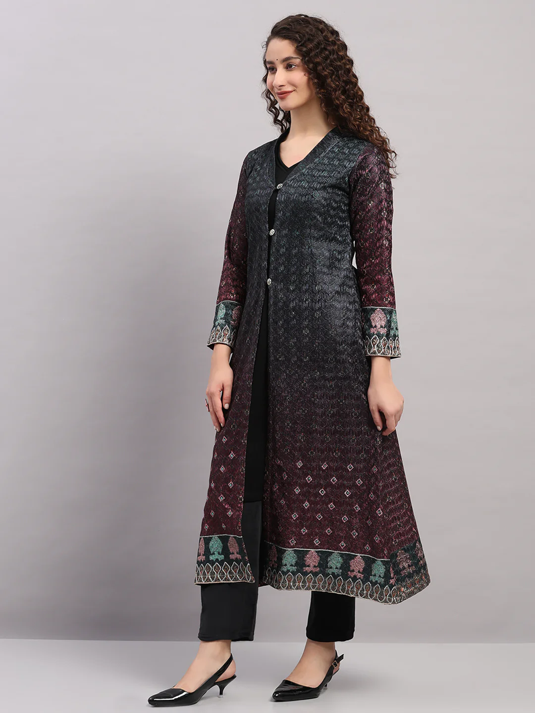 Women Maroon Printed Round Neck Full Sleeve Kurti Set for Winter - Image 4