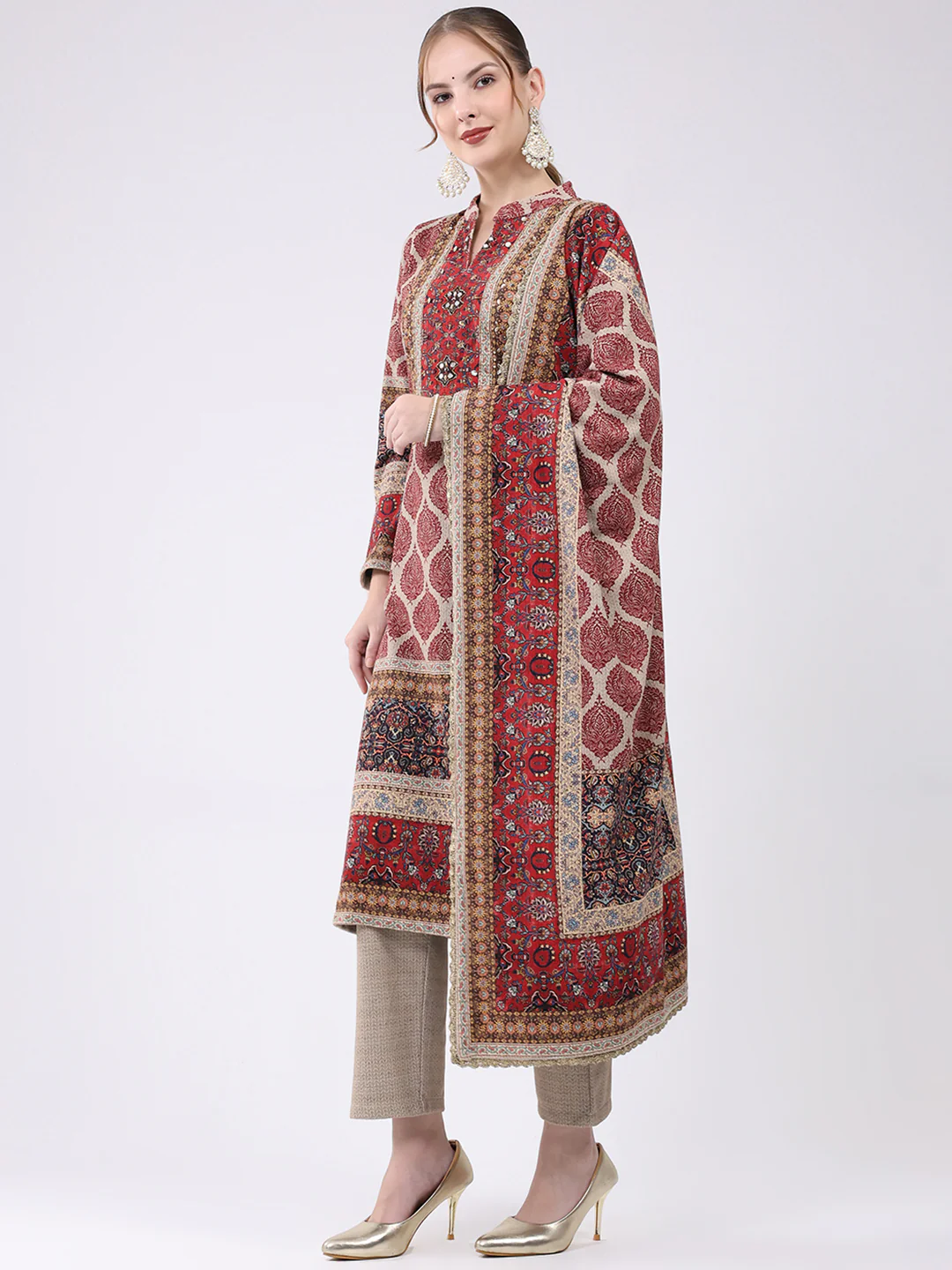 Women Maroon Printed Round Neck Full Sleeve Kurti Set for Winter - Image 3