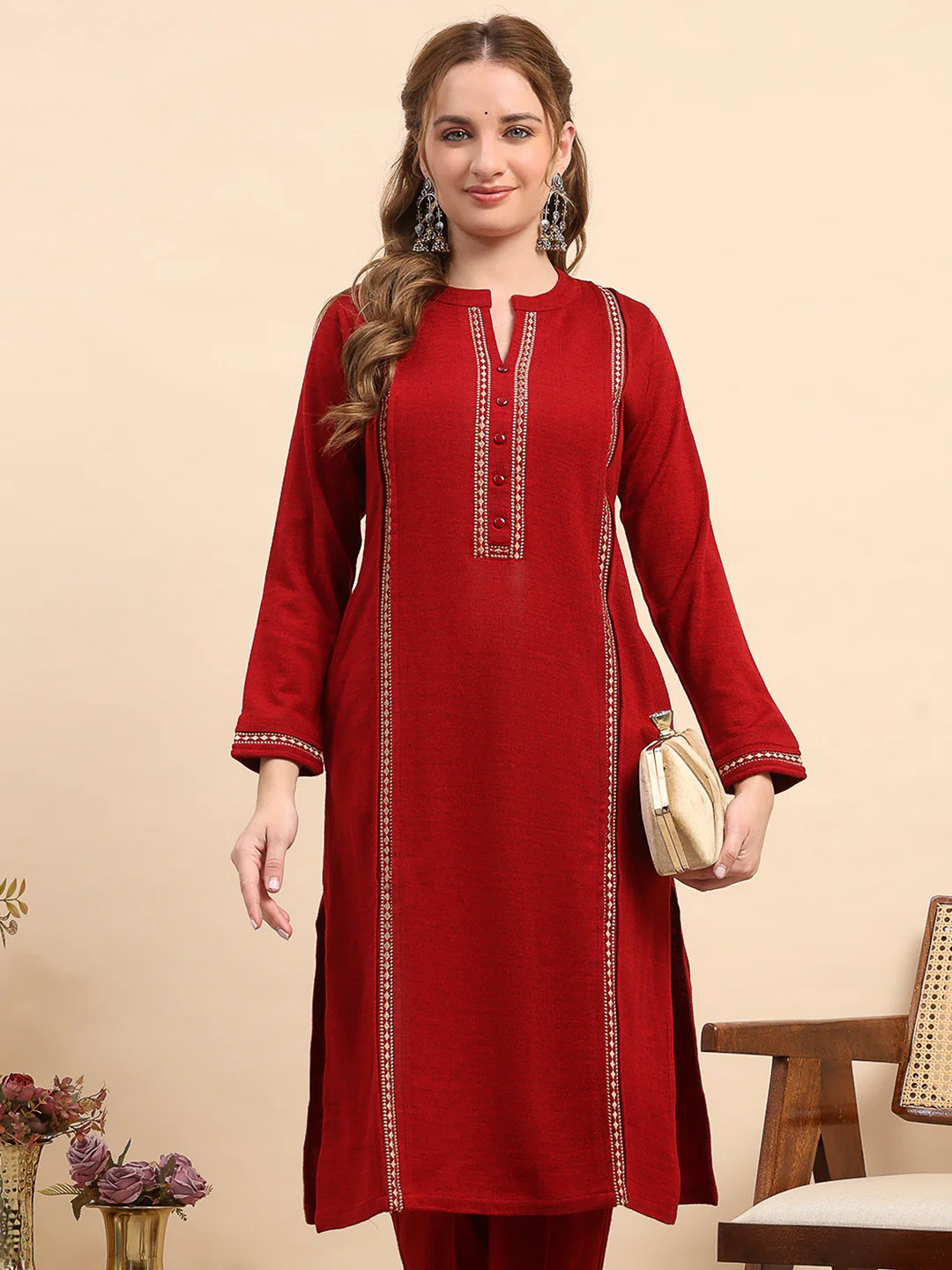 Women Maroon Printed Round Neck Full Sleeve Kurti Set for Winter - Image 6