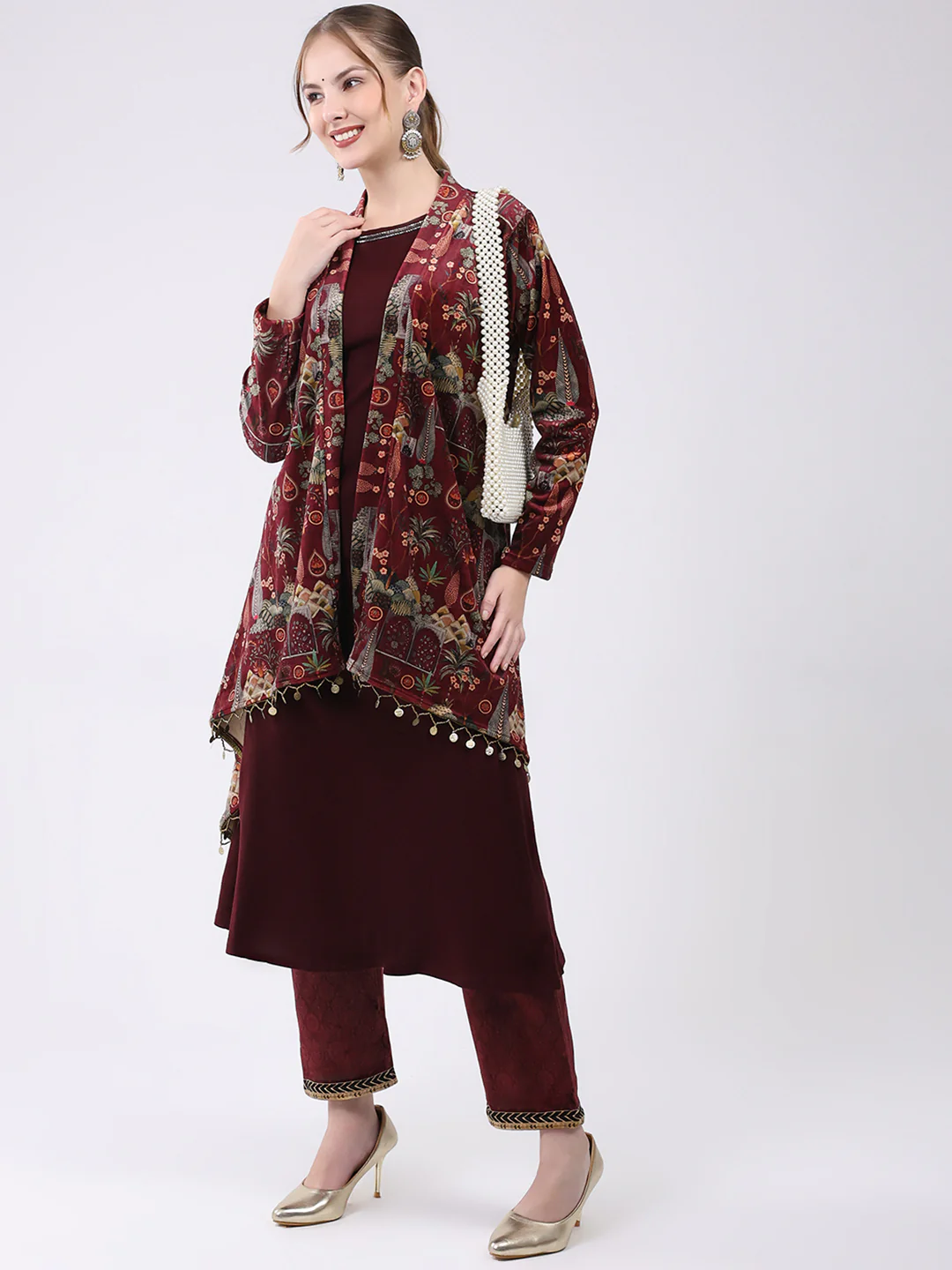 Women Maroon Printed Round Neck Sleeveless Kurti with Shrug (2 Pc set) - Image 2
