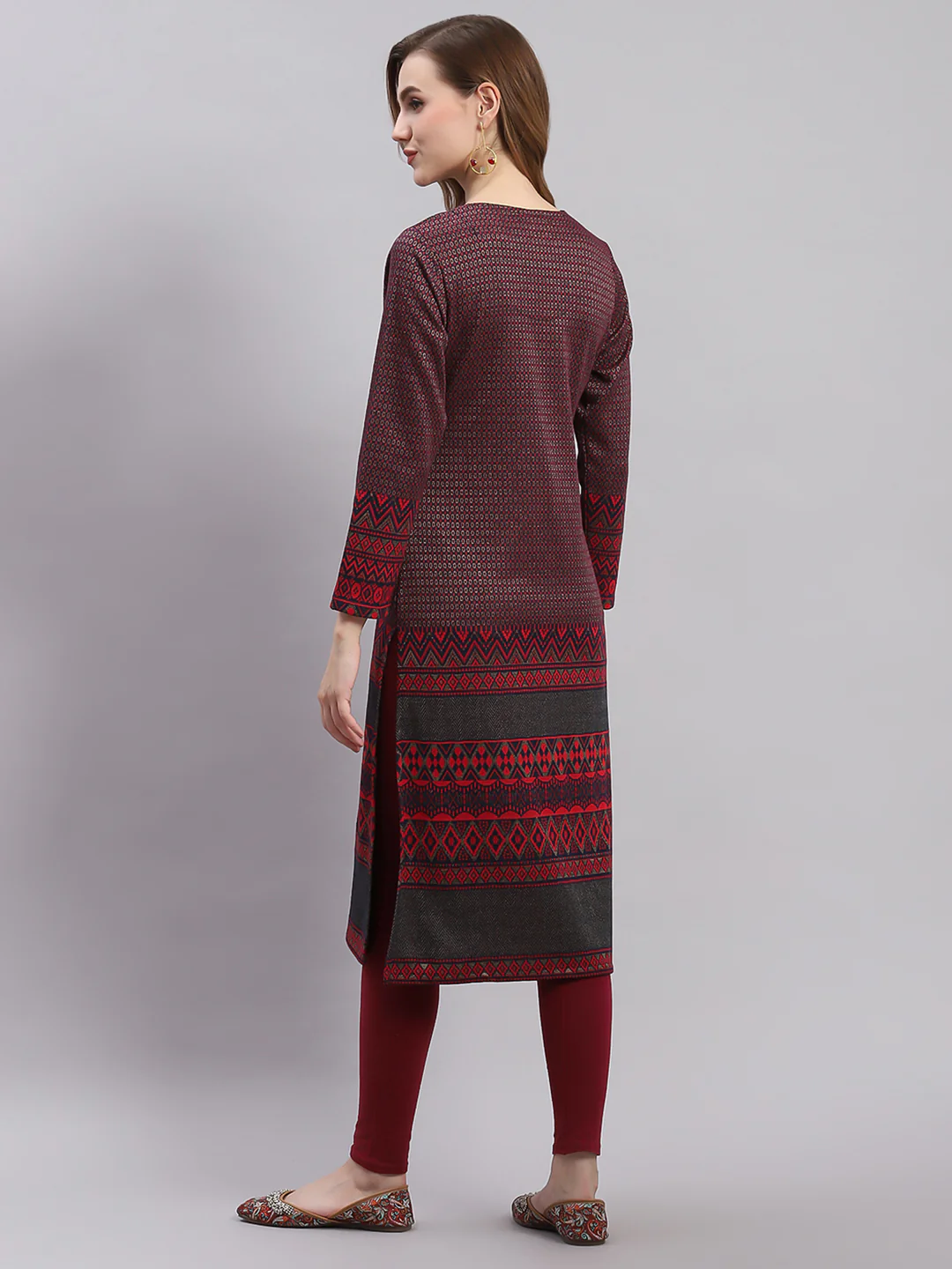 Women Maroon Printed Round Neck Full Sleeve Kurtis - Image 6