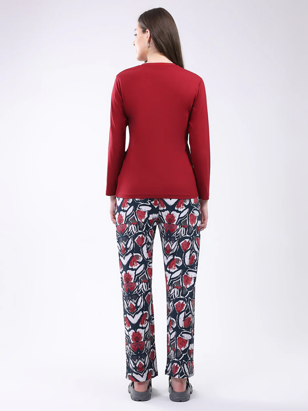Women Maroon Printed Round Neck Full Sleeve Lower Set - Image 5