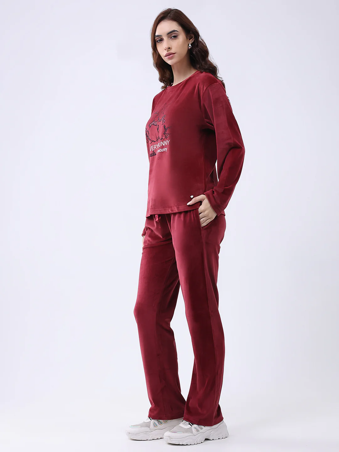 Women Maroon Printed Round Neck Full Sleeve Lower Set - Image 3