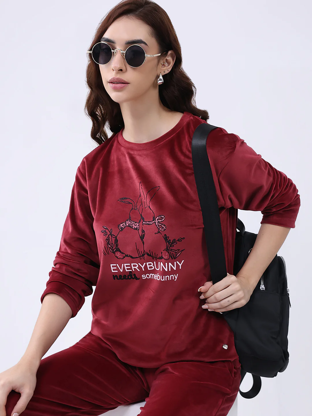 Women Maroon Printed Round Neck Full Sleeve Lower Set - Image 6