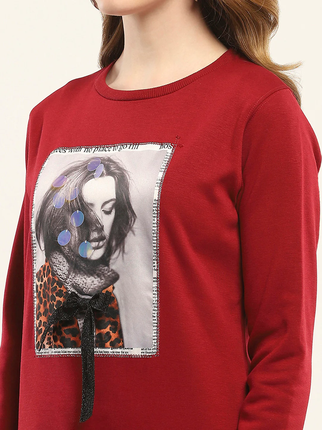 Women Maroon Printed Round Neck Full Sleeve Sweatshirt - Image 6