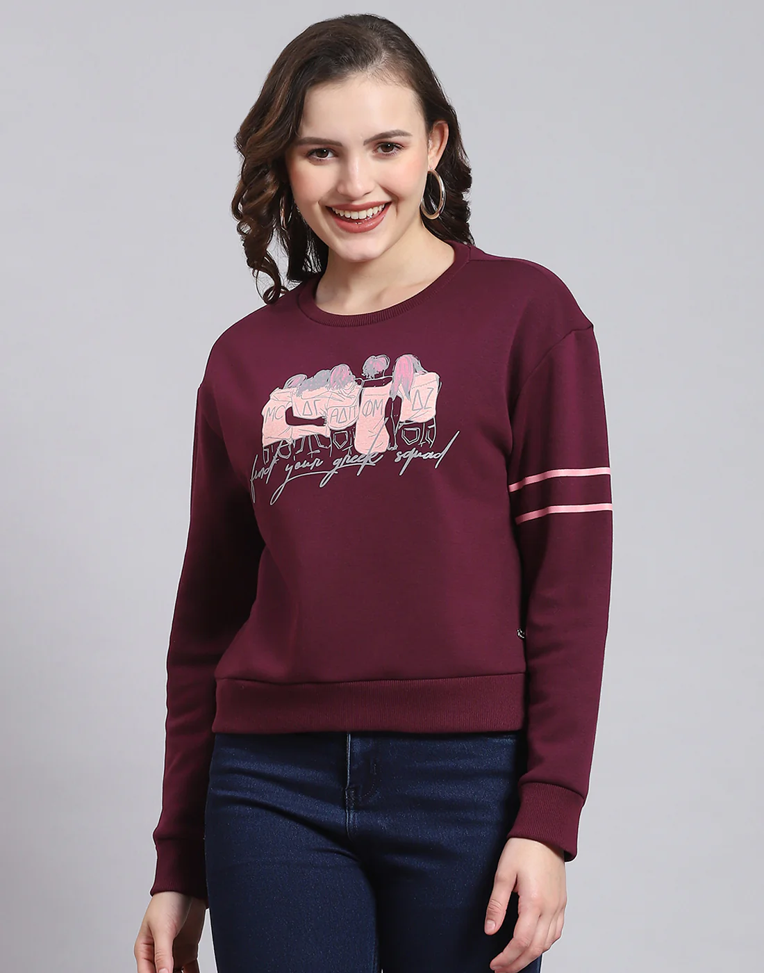 Women Maroon Printed Round Neck Full Sleeve Sweatshirt - Image 3