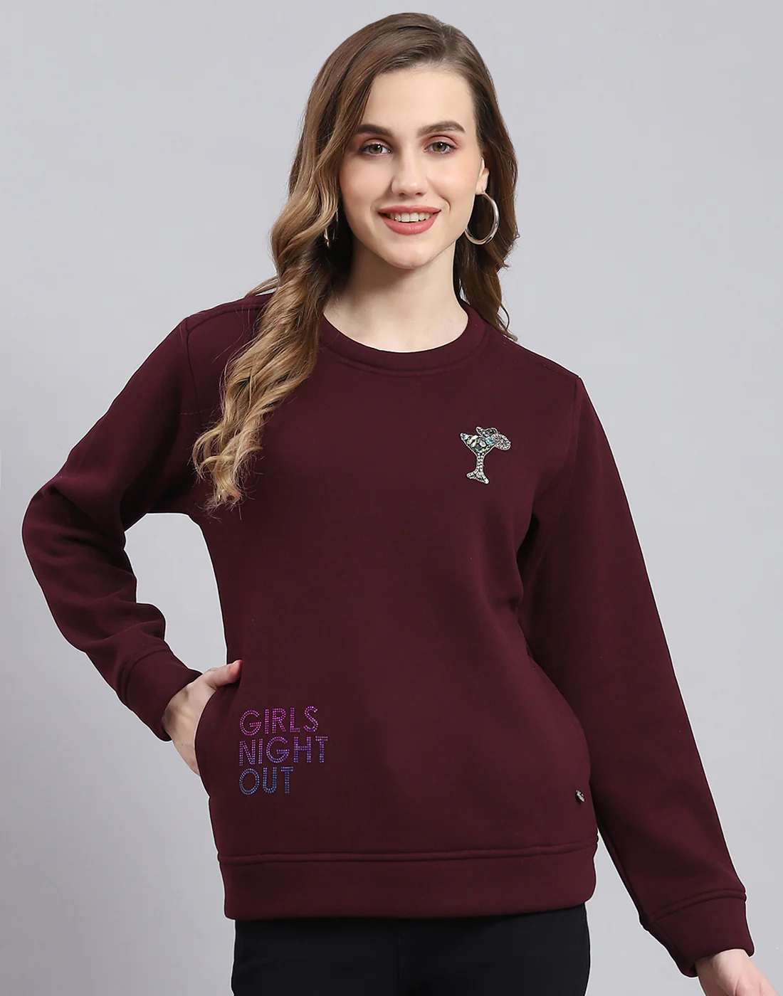 Women Maroon Printed Round Neck Full Sleeve Sweatshirt - Image 3