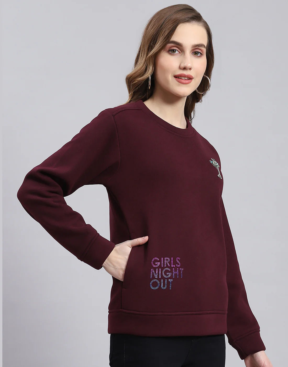 Women Maroon Printed Round Neck Full Sleeve Sweatshirt - Image 5