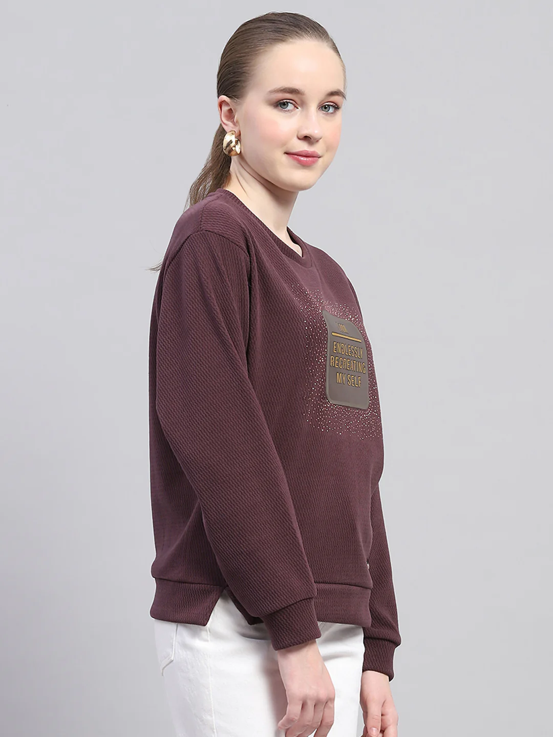 Women Maroon Printed Round Neck Full Sleeve Sweatshirt - Image 4