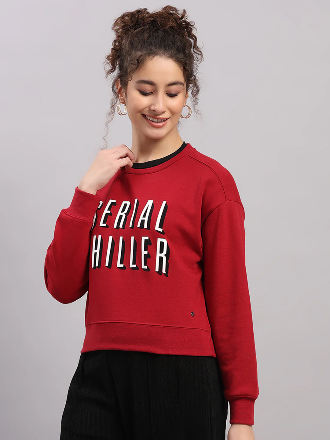 Women Maroon Printed Round Neck Full Sleeve Sweatshirt - Image 3