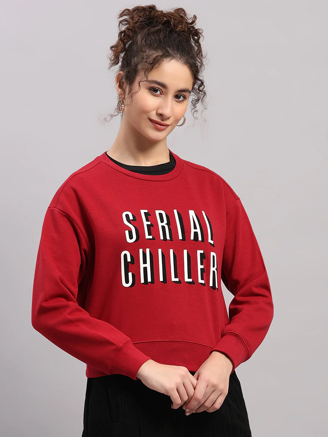 Women Maroon Printed Round Neck Full Sleeve Sweatshirt - Image 4