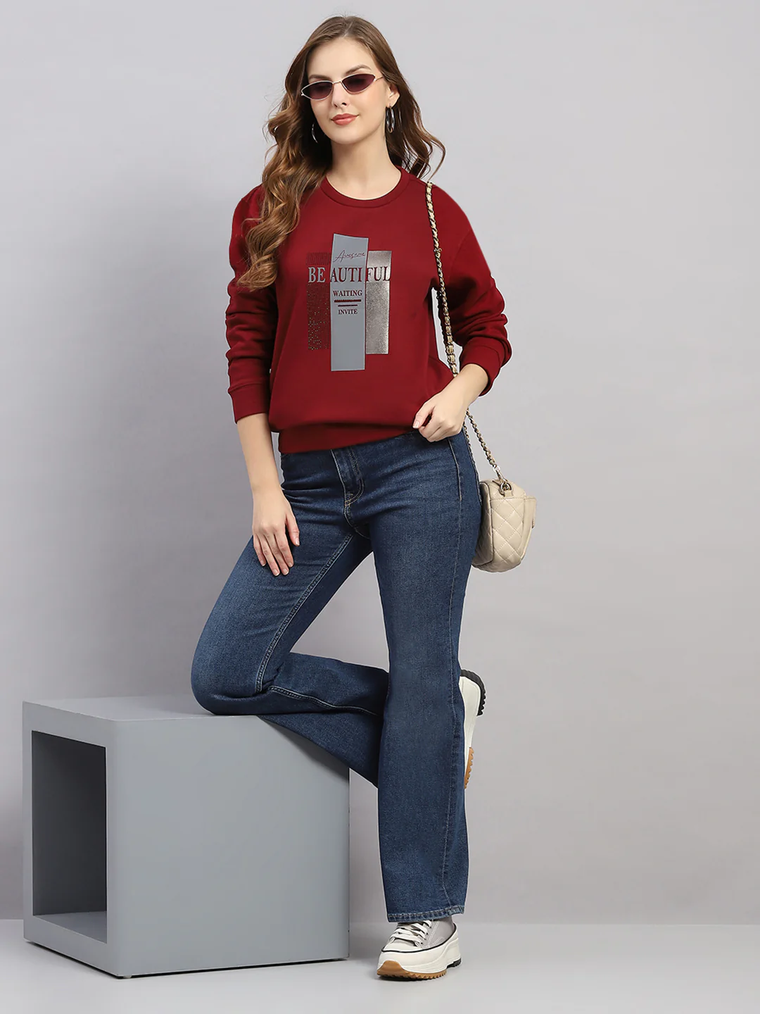 Women Maroon Printed Round Neck Full Sleeve Sweatshirt - Image 2