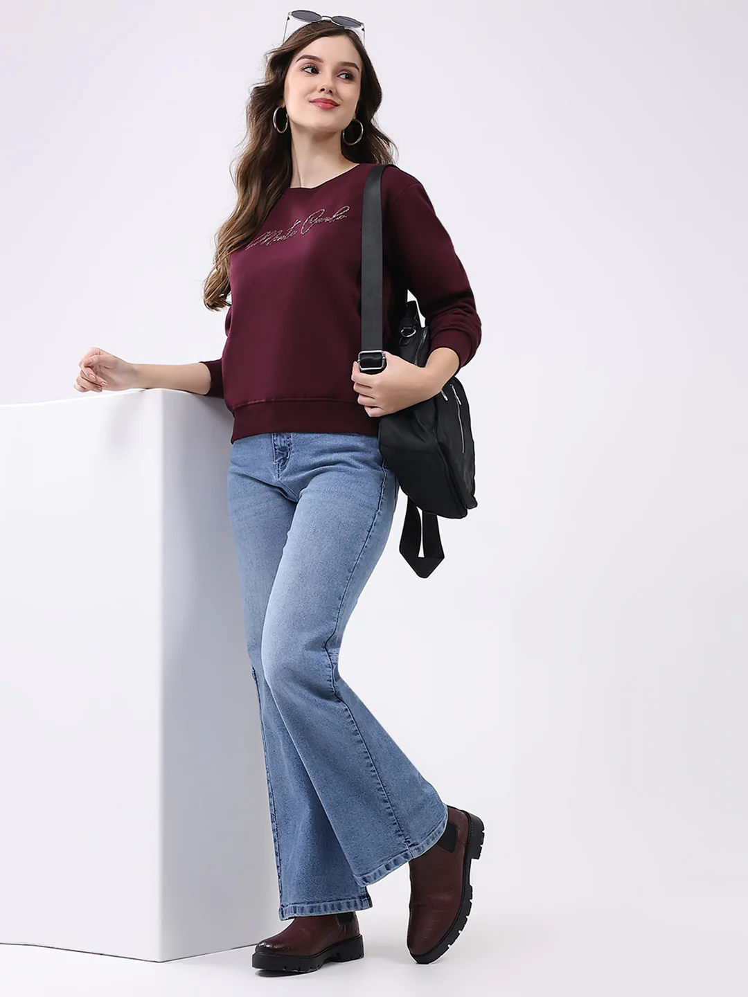 Women Maroon Printed Round Neck Full Sleeve Sweatshirt - Image 2