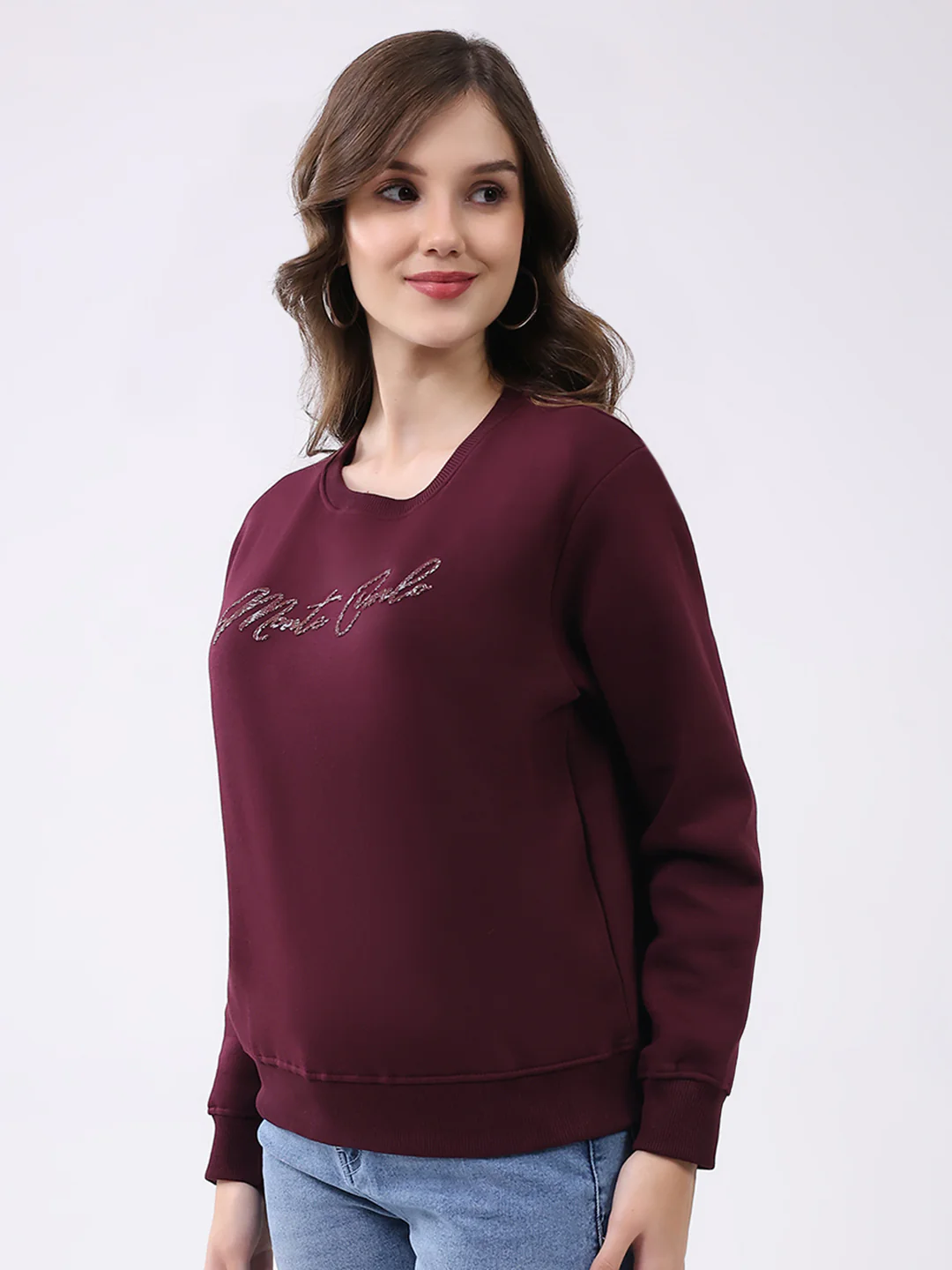 Women Maroon Printed Round Neck Full Sleeve Sweatshirt - Image 3